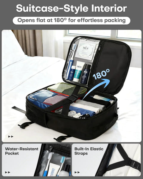 TSA Friendly Carry On Travel Backpack for Men and Women With 180 Degree Full Opening Waterproof Pocket in room, open to show interior.