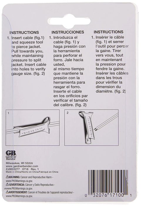 Back packaging of 4 Inch Romex Cable Ripper showing instructions and diagrams for 6 14 AWG NM cable stripping, nickel plated finish.