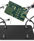 Magnetic Helping Hands Soldering Station with Alligator Clips holding PCB, four flexible gooseneck arms on non-slip base for electronics repair