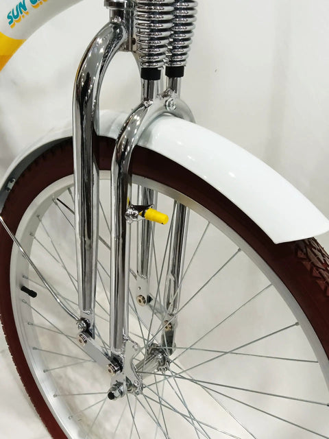26 Inch Springer Fork For Cruiser Bicycles With Dual Spring Suspension, 1 Inch Threaded Steering, Chrome Finish visible on bike wheel