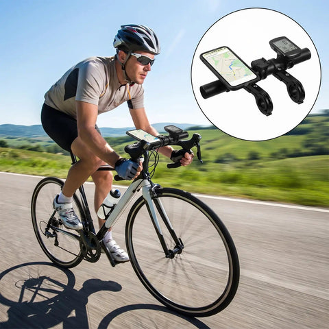 Cyclist with 7.9 Inch Bike Handlebar Extender Aluminum Alloy Bracket Extension For Double Mounts, smartphone attached, countryside view