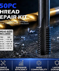 Complete Sae And Metric Thread Repair Kit With Hss Drill Bits Taps And Heavy Duty Stainless Inserts For Stripped Auto Parts That Gets It Done Without A Sweat Works Like A Champ, showcasing taps with detailed thread sizes.