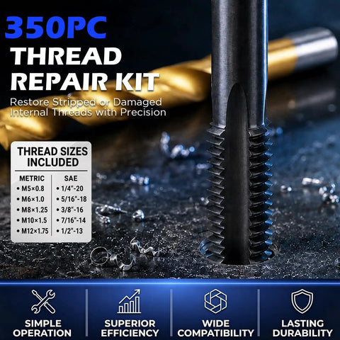 Complete Sae And Metric Thread Repair Kit With Hss Drill Bits Taps And Heavy Duty Stainless Inserts For Stripped Auto Parts That Gets It Done Without A Sweat Works Like A Champ, showcasing taps with detailed thread sizes.