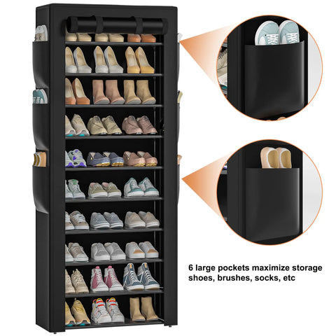 Tall Black 10 Tier Shoe Rack With Six Large Side Pockets 23.6 Inch Wide 11.4 Inch Deep 68.9 Inch Tall Holds 36 To 41 Pairs Of Shoes Ideal Entryway Or Closet Organizer with shoes and side pockets for extra storage.