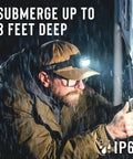 Person wearing 1000 Lumen Waterproof USB C Rechargeable LED Headlamp With Red And Green Light Modes in rain, IP67 rated