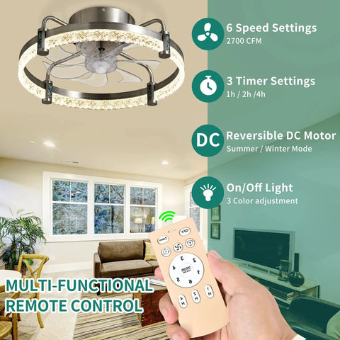 20 Inch Low Profile Ceiling Fan With Lights, Flush Mount Enclosed Bladeless Design, Quiet Reversible DC Motor, in living room setting