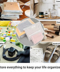 Image showing Frosted Zipper Bags For Clothes 25 Pack 9.8x7.8 Inch 3 Mil Heavy Duty Plastic Shirt Bags With Vent Holes organizing various items like files, commodities, toys, cosmetics, USB cables, socks, and sandals.