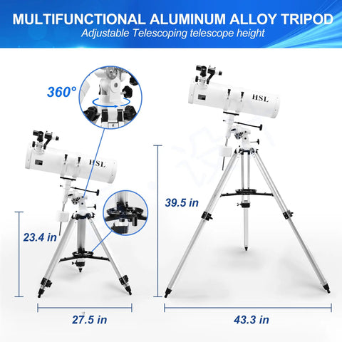 150mm Aperture Reflector Telescope For Adults With 750mm Focal Length on aluminum tripod, showing adjustable height angles