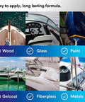 Marine Adhesive Sealant 5200 permanent structural polyurethane bonding and waterproof seal for boats pictured on wood, glass, metal surfaces.