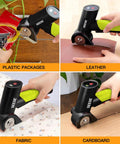 SeeSE Electric Box Cutter Cordless Rechargeable Scissors cutting leather, fabric, plastic, and cardboard with safety blades.