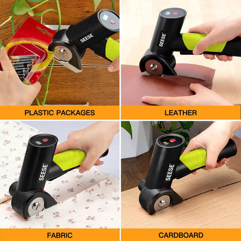 SeeSE Electric Box Cutter Cordless Rechargeable Scissors cutting leather, fabric, plastic, and cardboard with safety blades.