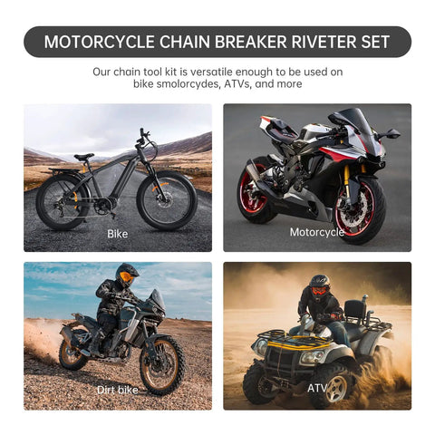 Collage of motorcycle, bicycle, dirt bike, and ATV for 13Pcs Chain Breaker Tools Kit With Chrome Vanadium Steel For Motorcycle ATV Dirt Bike Scooter And Bicycle Chain Repair Riveter Set With Press Anvils Pins And Carrying Case