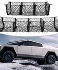 Hammock Style Three Compartment Cargo Net Made For Tesla Cybertruck 2024 Plus Truck Bed Storage Mesh Pouch for securing gear.