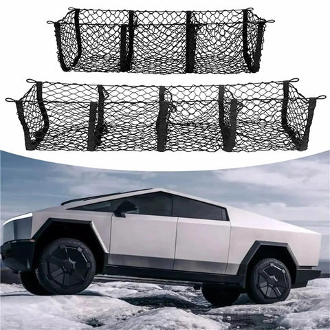 Hammock Style Three Compartment Cargo Net Made For Tesla Cybertruck 2024 Plus Truck Bed Storage Mesh Pouch for securing gear.