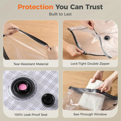 Cordless Travel Vacuum Seal Bags Set With Rechargeable Wireless Pump 18 Pack in 3 sizes showing tear-resistant material, zipper, seal, window