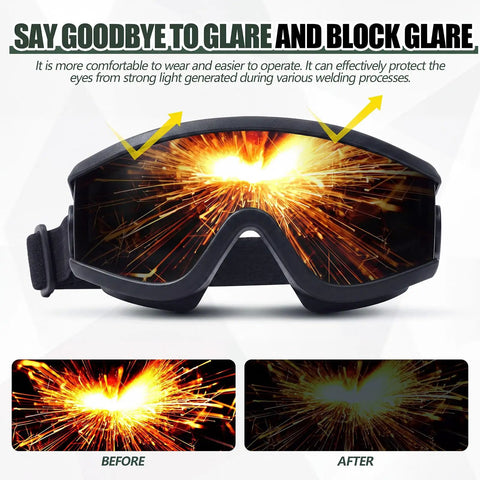 Built Tough Welding Goggles With Shade 8 Infrared Lens And 180 Degree Wide View Angle showing glare reduction and protection features.