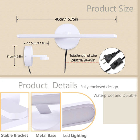 Diagram showing size and features of Sleek Plug In Vanity Light Bar For Bathroom Over Mirror, 15.75 Inches, 12W LED 3000K glow.