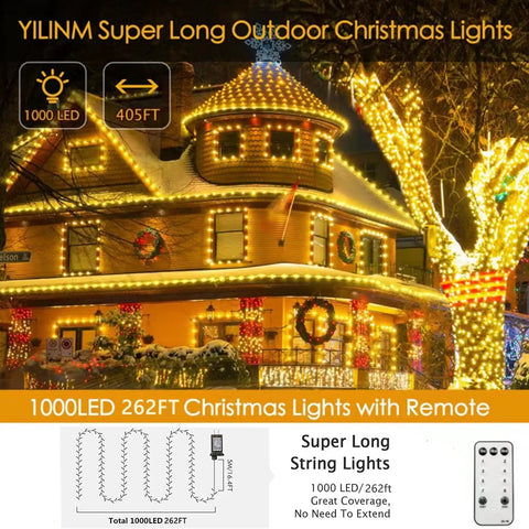 Outdoor 1000 LED Christmas Lights 405 Ft Waterproof String With Remote And Timer 8 Modes Plug In Warm White For Xmas