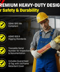 Premium heavy-duty nylon lifting sling features safety standards, rigging compliance, and traceable serial number for inspections.