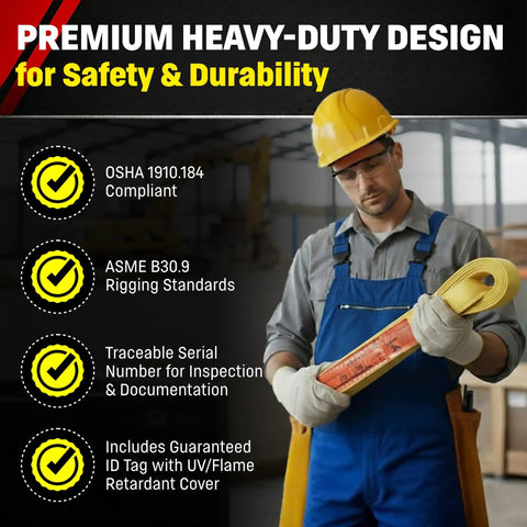 Premium heavy-duty nylon lifting sling features safety standards, rigging compliance, and traceable serial number for inspections.