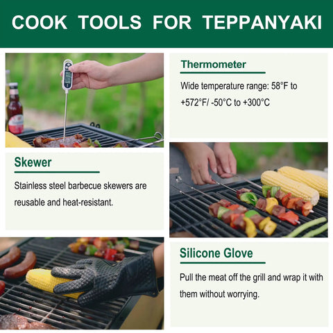 All In One 46 Piece Griddle Tools Set With Heavy Duty Stainless Spatulas And Plastic Handles For Flat Top Grills Teppanyaki Hibachi Outdoor Camping Grilling The Ultimate Grill Gear Kit, featuring a thermometer, skewers, and silicone gloves.