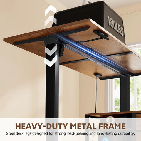 Underneath view of 47 Inch L Shaped Standing Desk With 3 Drawers, Electric Height Adjustable, steel frame structure