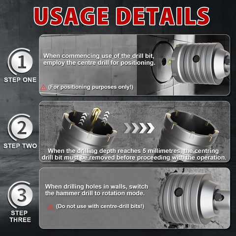 METOTY 4-inch concrete hole saw with 100mm bit and 220mm SDS shank; three-step usage diagram