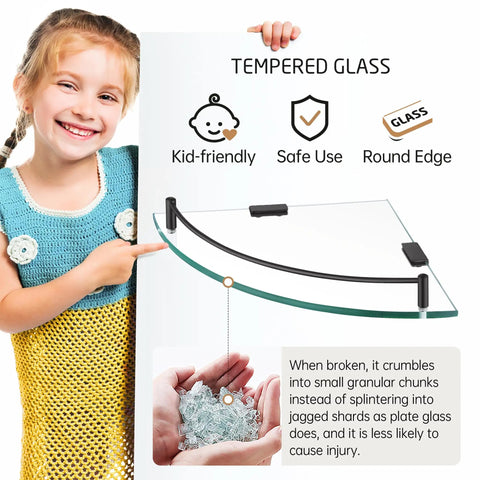Child holding Tempered Glass Corner Shelf With Rail Mount Two Pack No Fuss Rustproof Matte Black Stainless Steel 304 Wall Shelf 7mm Thick Glass For Bathroom And Kitchen Easy Install.