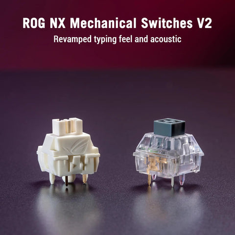 ROG NX Mechanical Switches V2 displaying revamped typing feel, designed for Badass Full Size Mechanical Gaming Keyboard.
