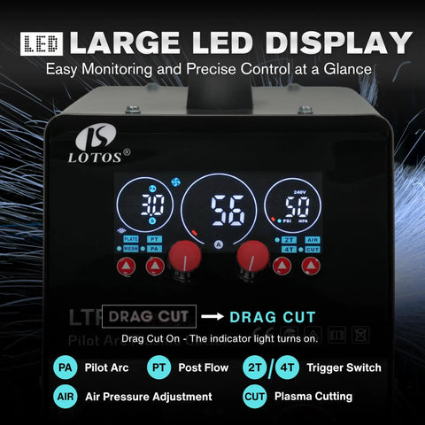 Apex LTP5600CD Plasma Cutter With Built In Air 56 Amp LED control panel displaying settings with toggle switches for drag cut mode.