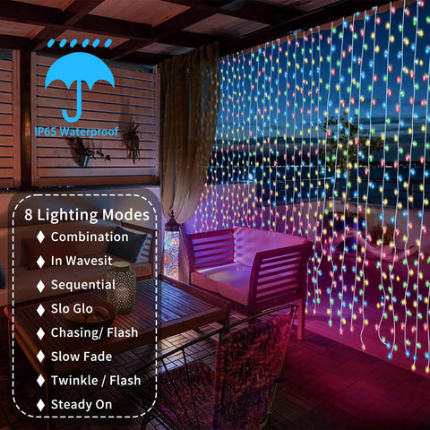 Outdoor Solar Curtain String Lights With 300 Super Bright Warm White LEDs Remote Control 8 Modes Waterproof Fairy Lights Patio