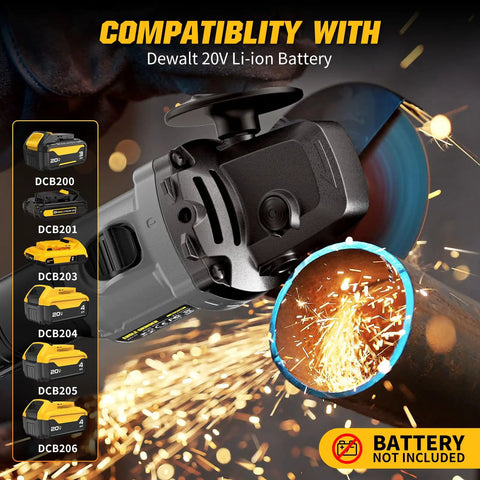 Cordless Angle Grinder 4-1/2 Inch Brushless Tool Only 6-Speed Variable in use cutting metal with sparks, compatible with DEWALT 20V Max