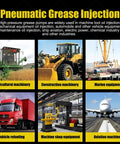 Portable Pneumatic Grease Gun With 50 to 1 High Pressure, Air Powered Grease Pump for 20 to 55 Gallon Drums in use across various machinery.