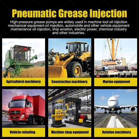 Portable Pneumatic Grease Gun With 50 to 1 High Pressure, Air Powered Grease Pump for 20 to 55 Gallon Drums in use across various machinery.