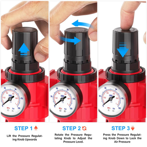 Adjusting regulator on Heavy Duty 0-150 PSI One Half Inch NPT Four Stage Air Drying System With Particulate Filter in red