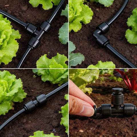 Complete 45 Piece Quick Connect Drip Irrigation Fittings Kit for 1/4 inch tubing shown in garden setup