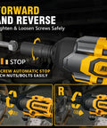 Heavy Duty Cordless Impact Wrench With Brushless Motor, 900 FT LBS Torque, One Half Inch Drive, 20 Volt Platform showing forward and reverse settings.