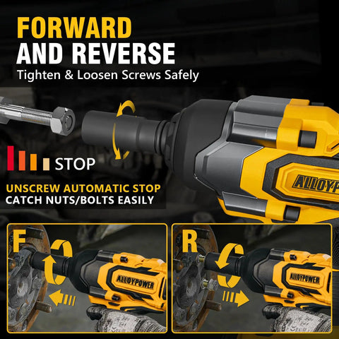 Heavy Duty Cordless Impact Wrench With Brushless Motor, 900 FT LBS Torque, One Half Inch Drive, 20 Volt Platform showing forward and reverse settings.