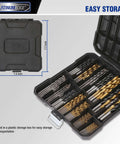 PLATINUMEDGE 140pc drill bit set in black plastic storage case; titanium twist, masonry and Brad Point bits visible