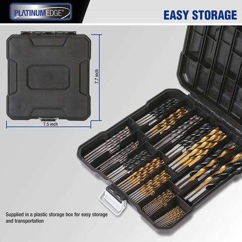 PLATINUMEDGE 140pc drill bit set in black plastic storage case; titanium twist, masonry and Brad Point bits visible