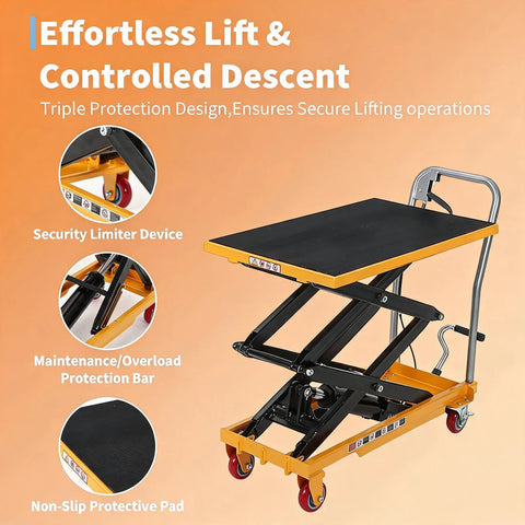 Heavy Duty Hydraulic Lift Table Cart With No Sweat Foot Pedal Operation And Hardcore Three Hundred Thirty Pound Capacity For Tough Shop And Moving Project Hauls with safety features and non-slip surface.