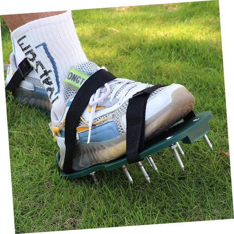 Eight Pack Lawn Aerator Sandals With Spike Straps For Grass And Soil Garden Shoes For Outdoor Yard Work Easy Wear Turf Spike Laces Perfect For Mowing And Aerating Your Lawn On The Go in use on grass