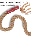 Natural Jute Manila Rope 4 Strand Twisted Hemp Fiber, heavy duty, close-up of thick rope with red cap, 1.25 inch by 98 feet