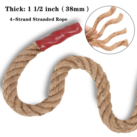 Natural Jute Manila Rope 4 Strand Twisted Hemp Fiber, heavy duty, close-up of thick rope with red cap, 1.25 inch by 98 feet