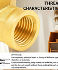 Close-up of brass pipe fitting showing thread characteristics for a 90-degree barstock street elbow, NPT female ending.