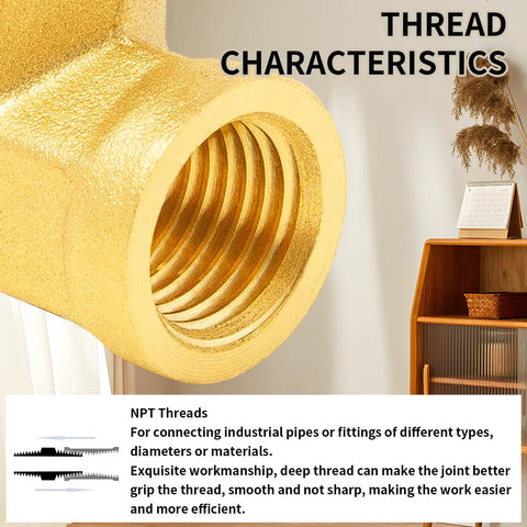 Close-up of brass pipe fitting showing thread characteristics for a 90-degree barstock street elbow, NPT female ending.