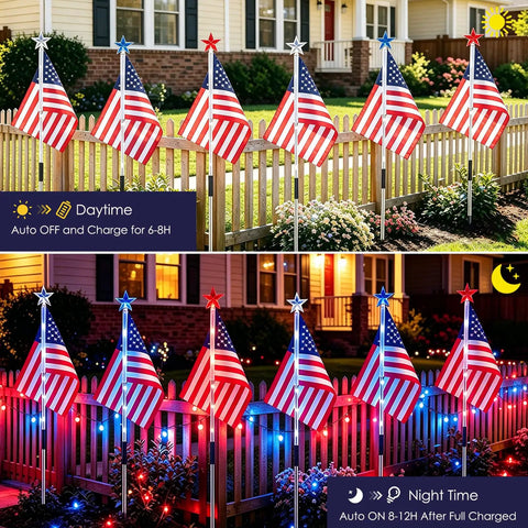 Outdoor Patriotic LED Flag Lights Kit, 9-Pack Solar American Flag Lights for Garden Pathway, Day and Night Modes