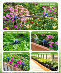 15 Piece Quick Connect Drip Irrigation Emitters Kit for One Quarter Inch Tubing in various garden settings