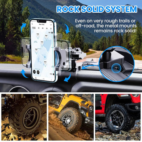 Rugged Aluminum Phone Mount For Jeep Wrangler JL JLU 2018 Through 2023 And Gladiator JT 2020 Through 2023 in use on dashboard