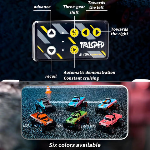 Mini 1 To 64 Scale Monster RC Truck With Lights 2 Point 4GHz Remote showing controls and six colorful trucks on display.